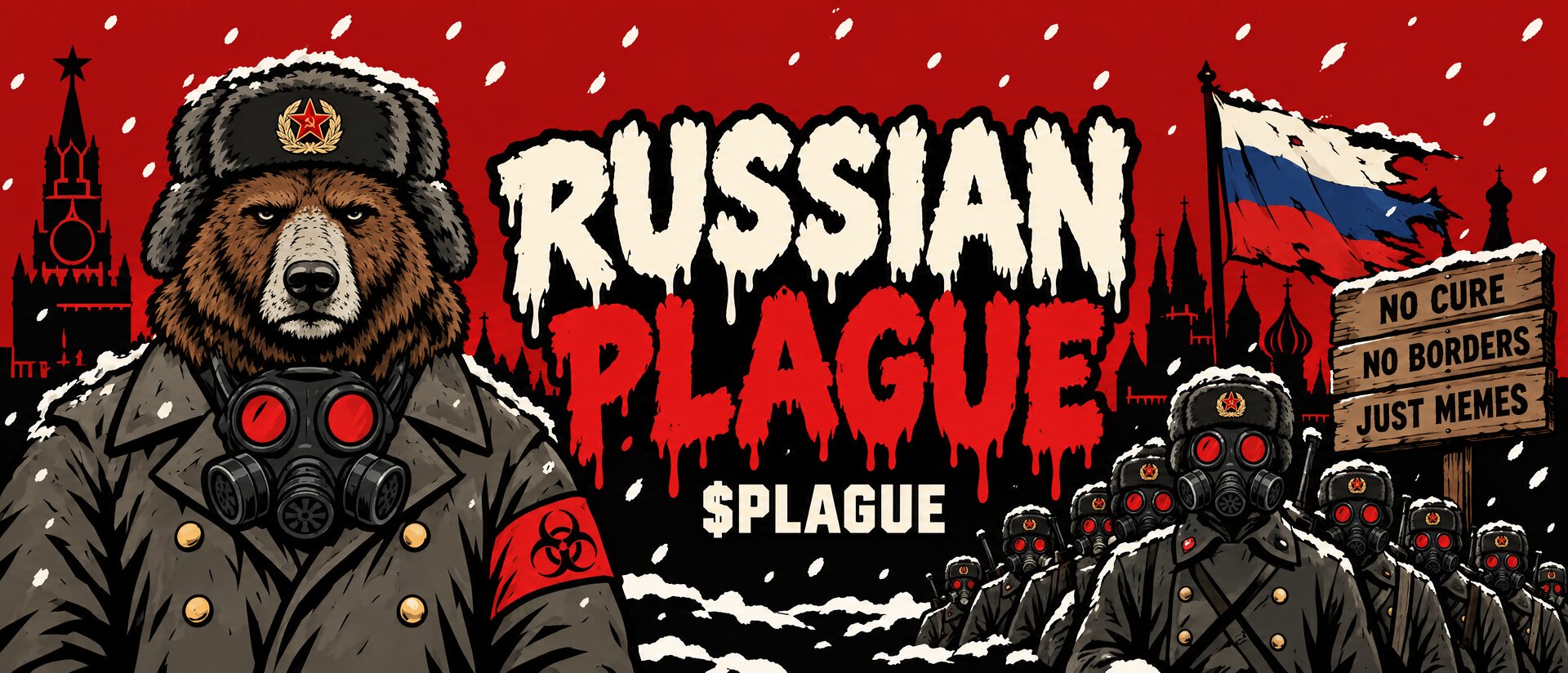Russian Plague comic banner: Mishka with a column of gas-masked soldiers in the snow in front of the Kremlin