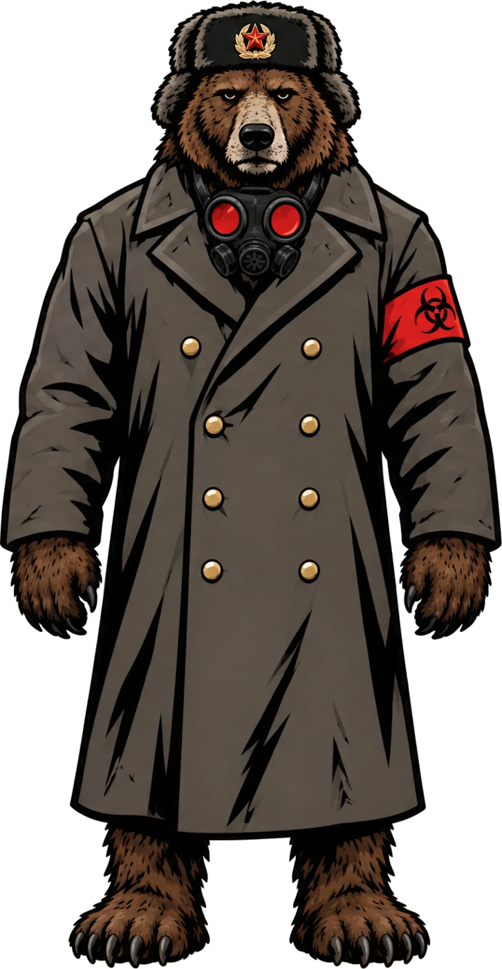 Mishka, a cartoon bear in a ushanka and grey greatcoat with a gas mask and a red biohazard armband