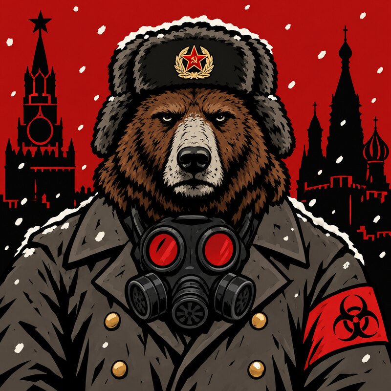 Mishka portrait in front of the Kremlin under a red sky