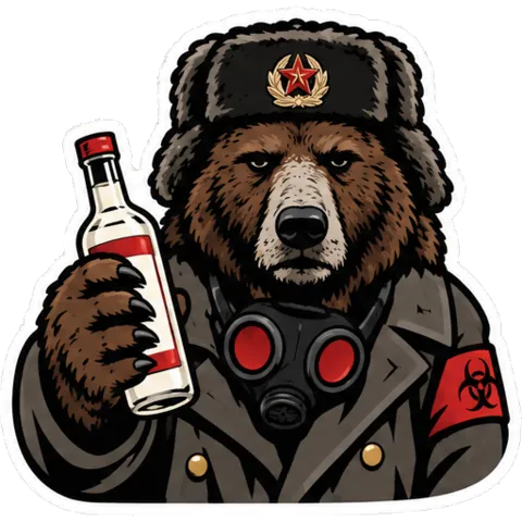 Mishka holding a bottle of vodka