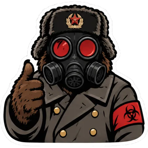 Mishka in a gas mask giving a thumbs up