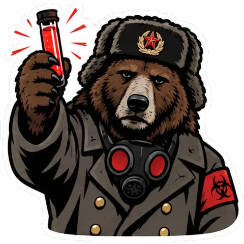 Mishka raising a red vial