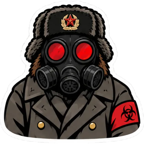 Mishka wearing a gas mask with glowing red lenses